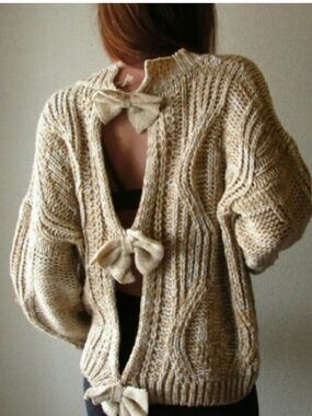 POL Chunky Cable Knit Open Bow Back Relaxed Pullover Sweater Green Large